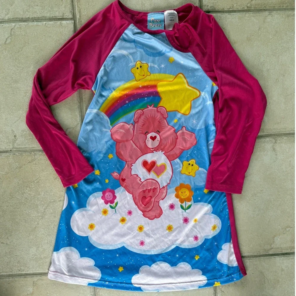 Care Bears Love-a-Lot Bear Nightgown Girls Size 8 Pink Blue Long Sleeve Vintage